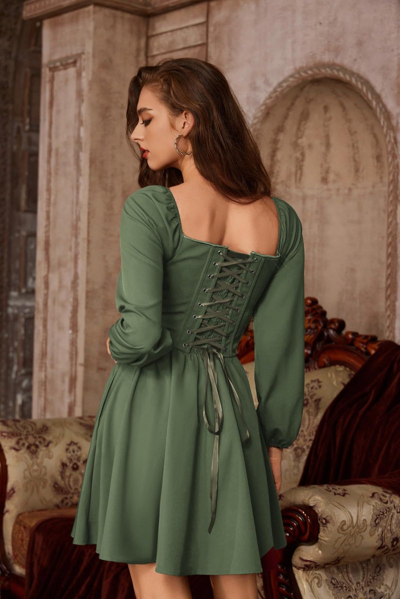 Scarlet Darkness Renaissance Corset Dress Long Sleeve Mini Dresses for Women Fishbone Fall Wedding Guest Party Dress Green 16 - Image 5