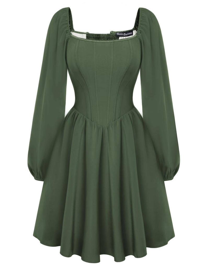Scarlet Darkness Renaissance Corset Dress Long Sleeve Mini Dresses for Women Fishbone Fall Wedding Guest Party Dress Green 16 - Image 1
