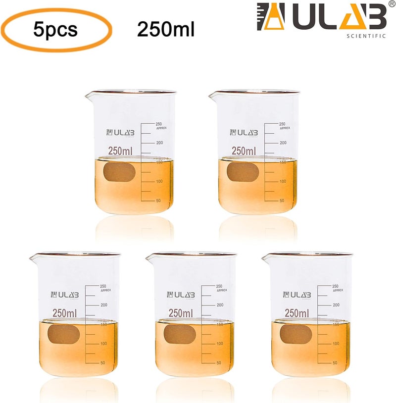 ULAB Scientific Glass Beakers, Vol. 250ml, 3.3 Borosilicate Griffin Low Form with Printed Graduation, Pack of 5, UBG1033 - Image 2