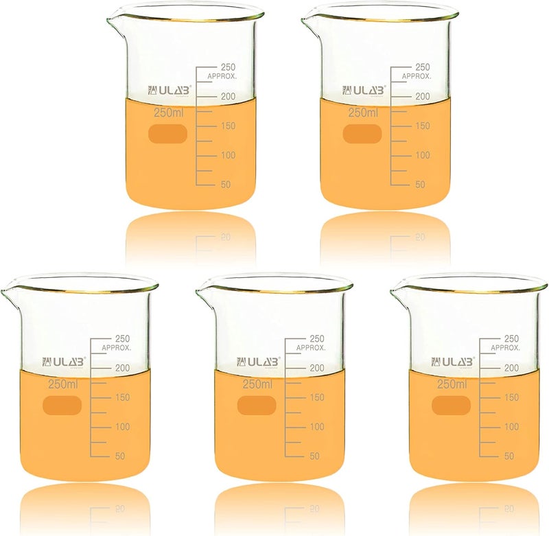 ULAB Scientific Glass Beakers, Vol. 250ml, 3.3 Borosilicate Griffin Low Form with Printed Graduation, Pack of 5, UBG1033 - Image 1