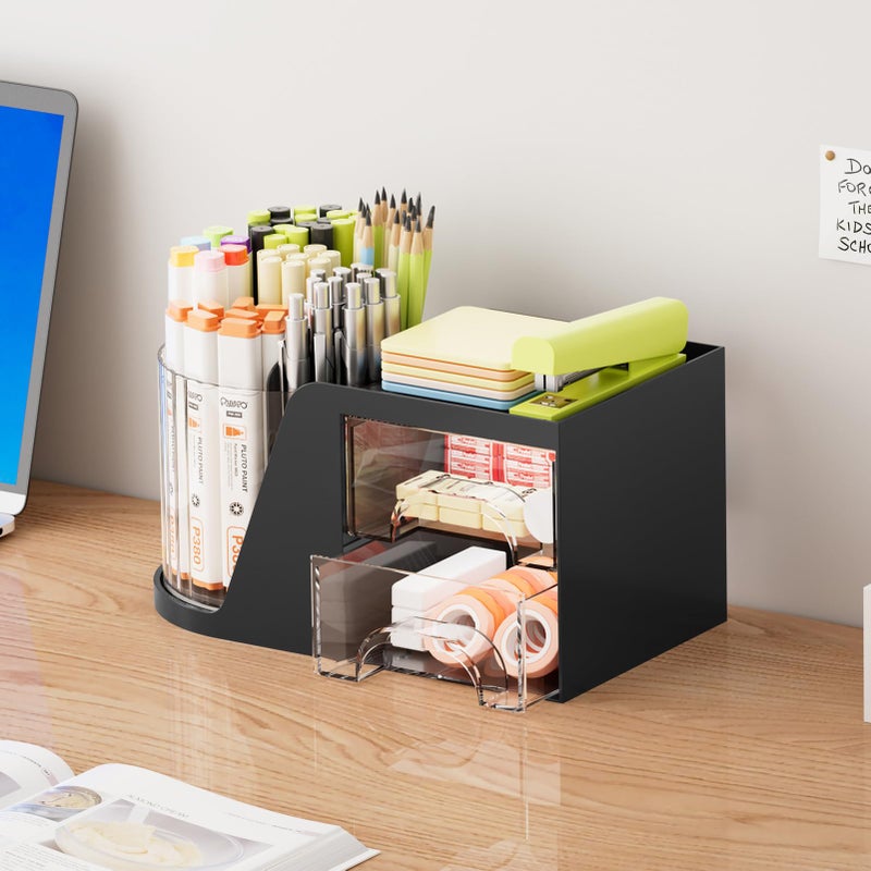 Marbrasse Desk Organizer with 2 Drawer, 360Â°Rotating Pen Holder, Desk Organizers and Accessories with 6 Slots Pencil Holder + 2 Drawer, Art Supply Storage Box Caddy for Office (Black) - Image 4