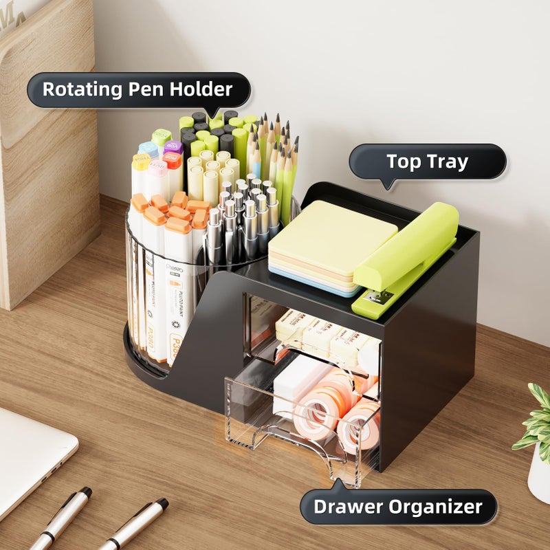 Marbrasse Desk Organizer with 2 Drawer, 360Â°Rotating Pen Holder, Desk Organizers and Accessories with 6 Slots Pencil Holder + 2 Drawer, Art Supply Storage Box Caddy for Office (Black) - Image 2