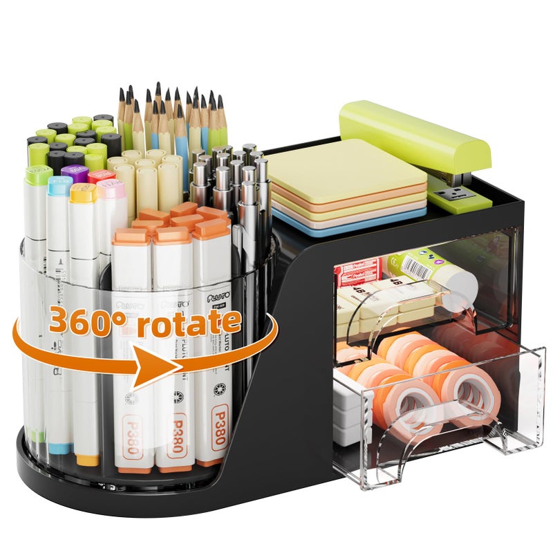 Marbrasse Desk Organizer with 2 Drawer, 360Â°Rotating Pen Holder, Desk Organizers and Accessories with 6 Slots Pencil Holder + 2 Drawer, Art Supply Storage Box Caddy for Office (Black) - Image 1