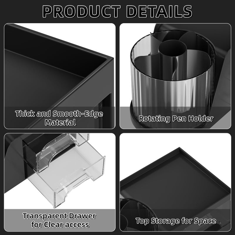 Marbrasse Desk Organizer with 2 Drawer, 360Â°Rotating Pen Holder, Desk Organizers and Accessories with 6 Slots Pencil Holder + 2 Drawer, Art Supply Storage Box Caddy for Office (Black) - Image 5