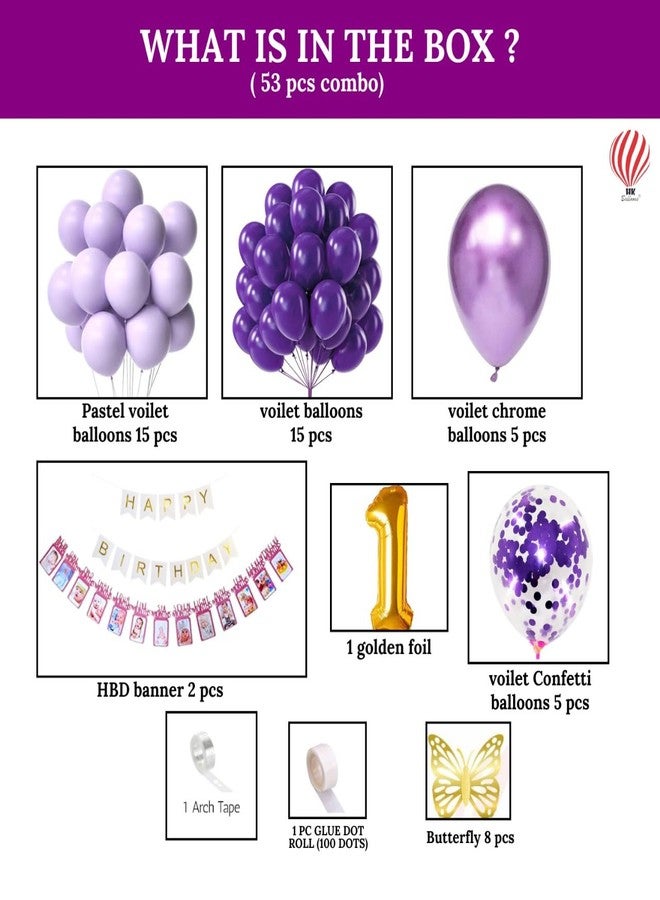HK balloons Paper 53 Piece Violet 1St Birthday Girl Decoration Item Set Combo With Month Banner Decorations For A Violet-Themed Birthday Celebrations For Girls 1St Birthday Decorations Backdrop Kit - Image 2