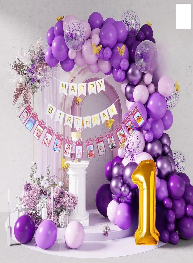 HK balloons Paper 53 Piece Violet 1St Birthday Girl Decoration Item Set Combo With Month Banner Decorations For A Violet-Themed Birthday Celebrations For Girls 1St Birthday Decorations Backdrop Kit - Image 1