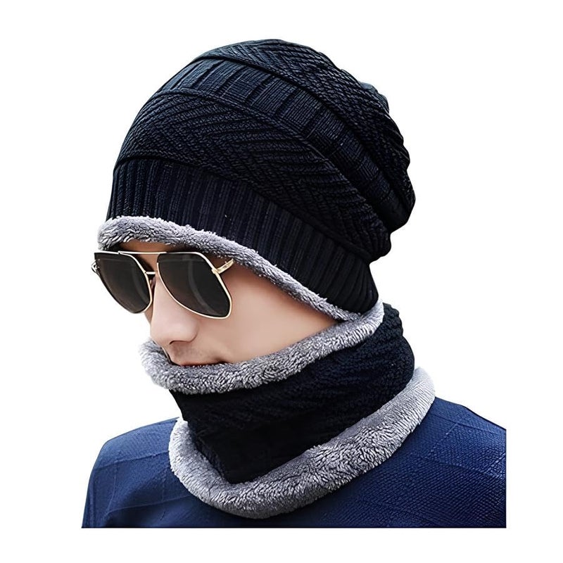 PulGos 2-in-1 Woolen Cap & Neck Warmer Combo Set for Men & Women | Soft, Warm & Stylish Thermal Wear | Lightweight, Breathable & Windproof | Perfect for Cold Weather & Outdoor Use - Black & Grey - Image 1