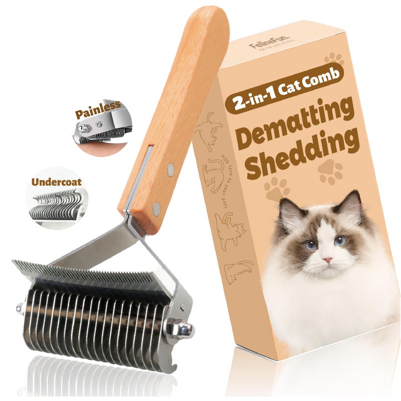 FelineFun Cat Brush for Dematting & Deshedding, 2 in 1 Undercoat Rake, Efficiently Remove Loose Hair & Matted Fur, Professional Shedding Comb for Indoor Cats & Long Haired Cats - Image 2