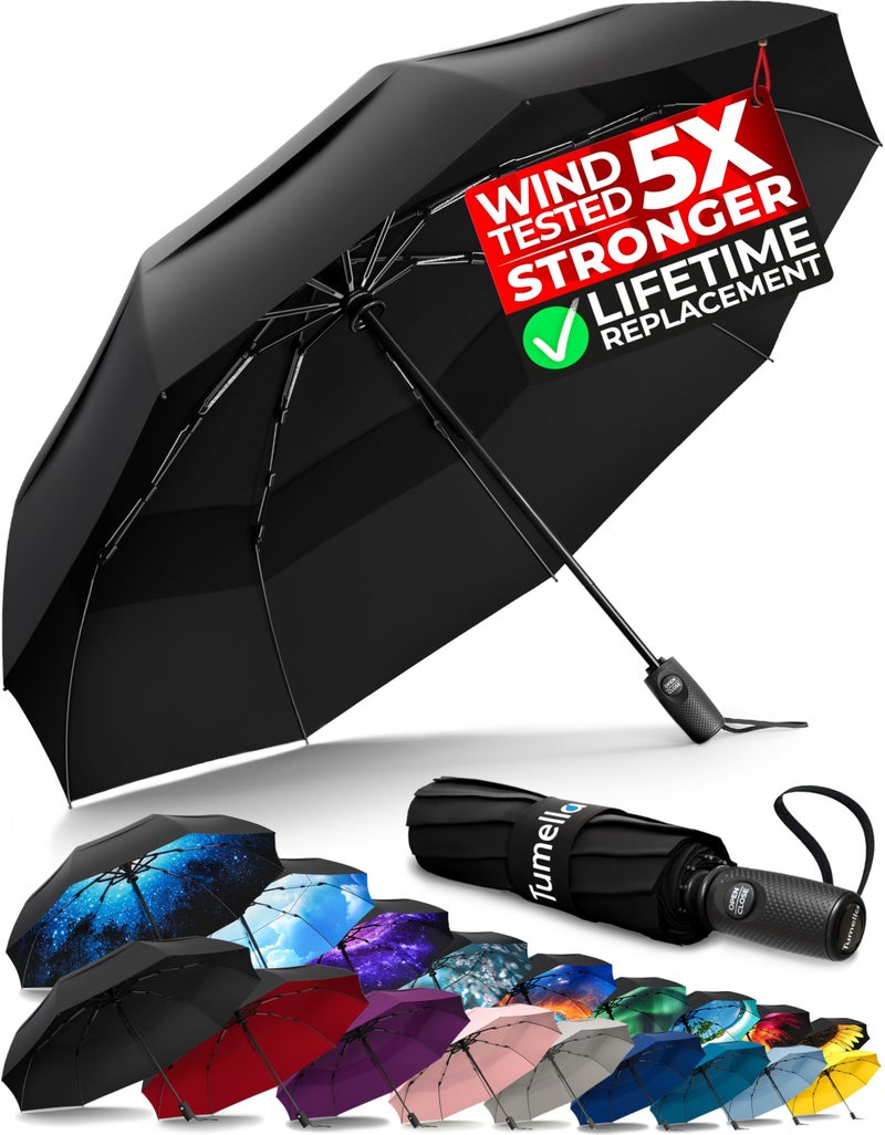 TUMELLA Strongest Windproof Travel Umbrella (Compact, Superior & Beautiful), Small, Wind-Tested, Light & Portable, Automatic Folding Rain Umbrella, Durable, Premium Grip, Fits Car & Backpack - Image 1