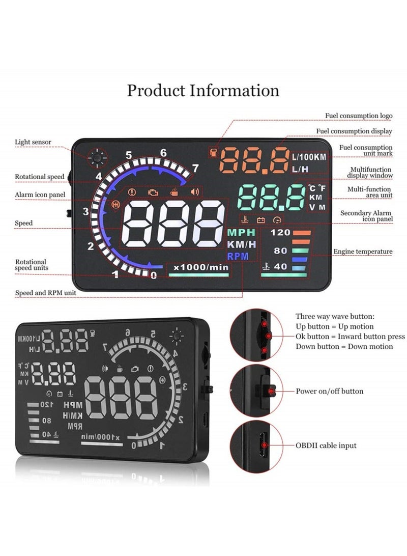 كابتن تيك شاشة عرض رأسية للسيارة Obd II مقاس 5.5 بوصة، شاشة عاكسة للزجاج الأمامي التلقائي HUD لعرض السرعة، عداد السرعة مع تحذير السرعة الزائدة للسيارات - Image 4