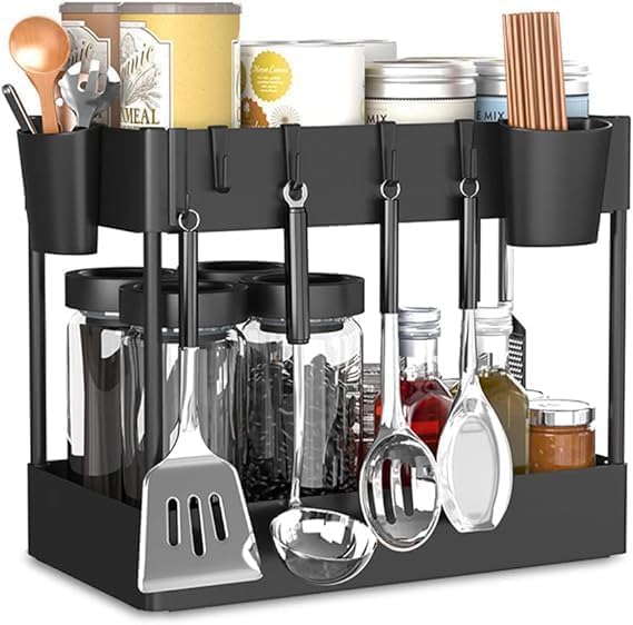 Gladnes Gladnes Sink Organizers and Storage2 Tier Under Sliding Kitchen Cabinet Basket Organizer Drawer with 4 HooksMultiPurpose Bath Collection Baskets Shelf Storage Rack for BathroomBlack  - Image 5