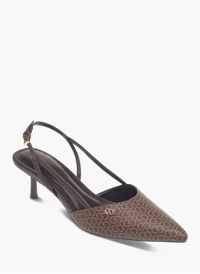 سيليست Women's Monogram Print Slingback Shoes with Buckle Closure and Kitten Heels