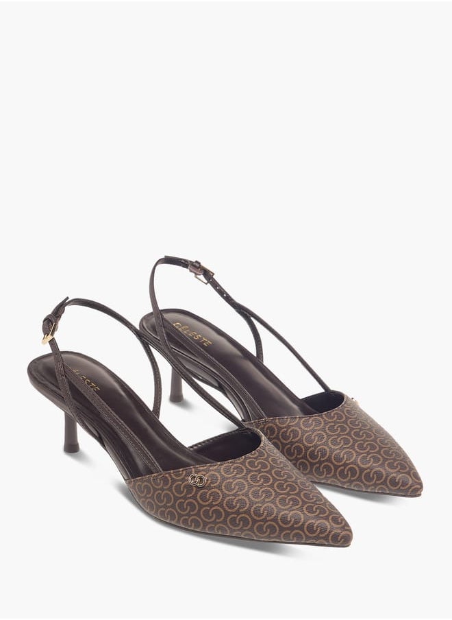 Celeste Women's Monogram Print Slingback Shoes with Buckle Closure and Kitten Heels  - Image 1