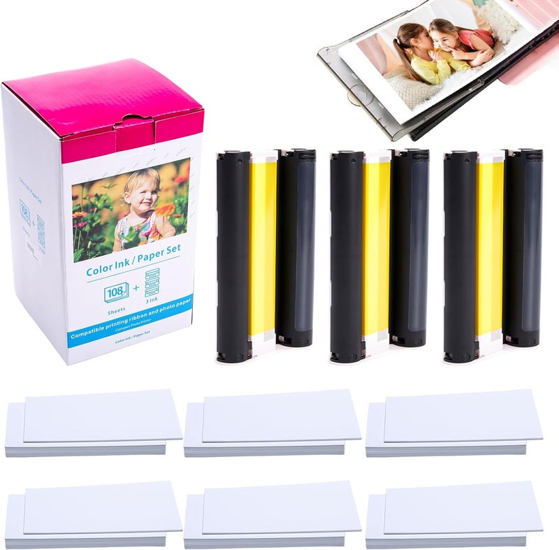 لايبل كينجدوم ورق CP1500 متوافق مع حبر Canon Selphy Cp1500 وورق Kp-108In طابعة الصور Canon 108 ورقة 100 × 148 مم وخراطيش حبر 3 ألوان لطابعة Selphy Photo Cp1300 Cp1200 - Image 1