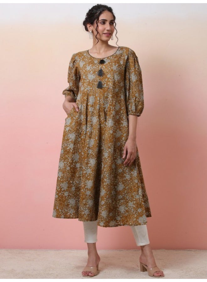AKS Mustard Kantha Anarkali with Puffed Sleeve - Image 3