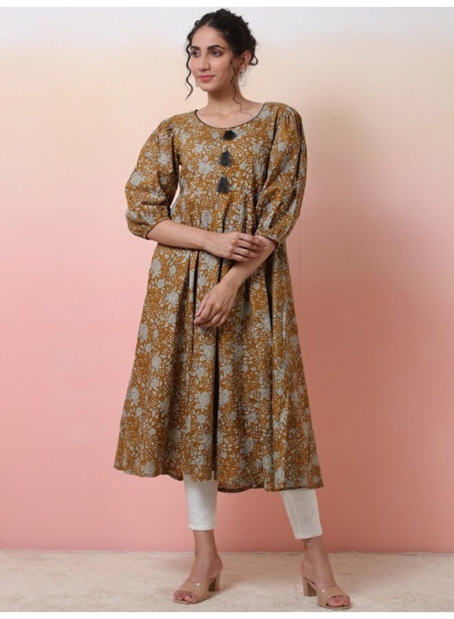AKS Mustard Kantha Anarkali with Puffed Sleeve - Image 1