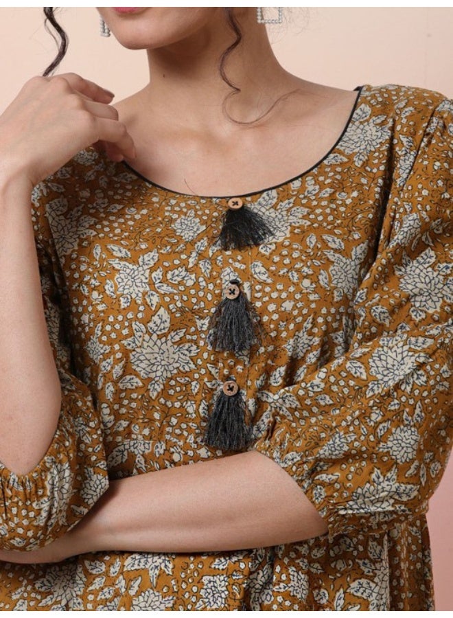 AKS Mustard Kantha Anarkali with Puffed Sleeve - Image 2