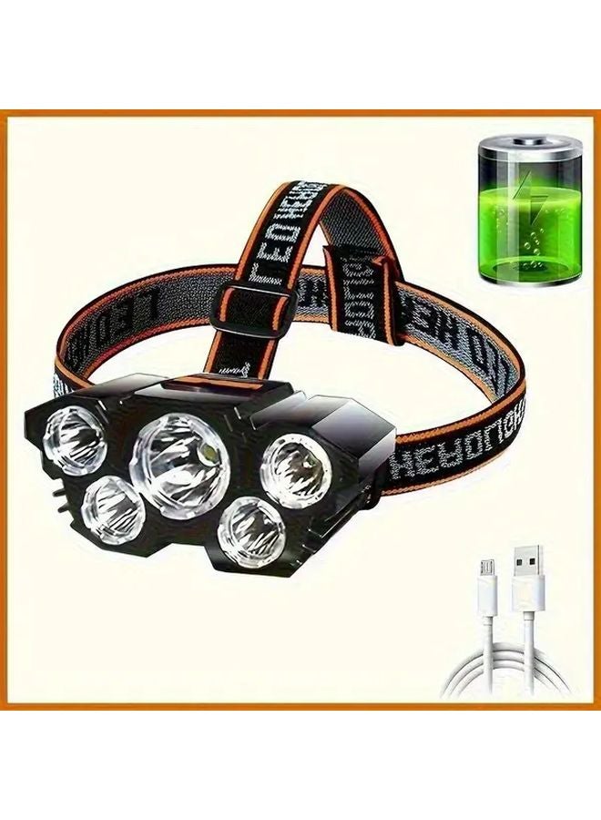 Black Rechargeable LED Headlamp Adjustable Headband 6 Lights USB Ideal Camping Running Fishing - Image 2