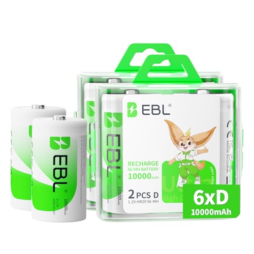 EBL D Battery D Size Rechargeable Batteries 10,000mAh Ni-MH, Pack of 6 - ProCyco Technology - Image 1