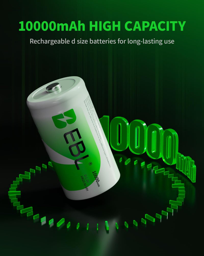 EBL D Battery D Size Rechargeable Batteries 10,000mAh Ni-MH, Pack of 6 - ProCyco Technology - Image 4