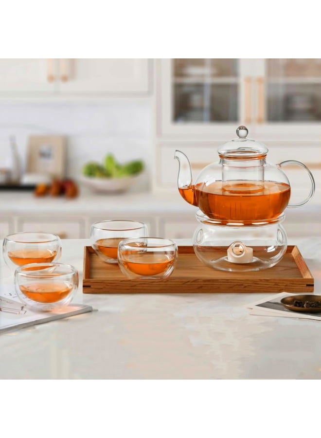 CnGlass 33.8oz Glass Teapot with Removable Infuser,Stovetop Safe Tea Kettle with 4-Pack Glass Teacups 3.4oz and Glass Tea Warmer 5.3 in/13.5cm Diameter - Image 1