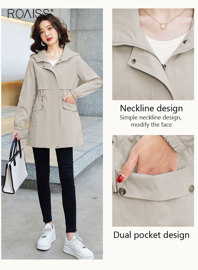 roaiss Women Mountain Hoodie Windbreaker Ladies Hooded Blouson Trench Long Coat Female Lined Slimming Coat Women Zip-In Windproof Lightweight Breathable Coat Adjustable Waist Solid Beige - Image 5