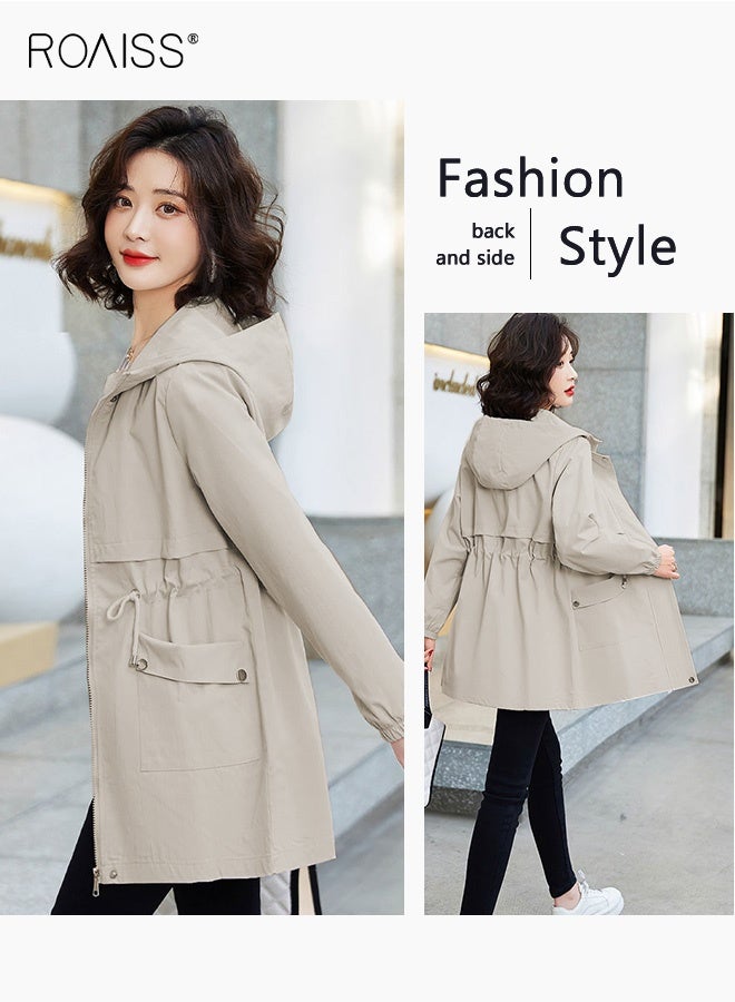 roaiss Women Mountain Hoodie Windbreaker Ladies Hooded Blouson Trench Long Coat Female Lined Slimming Coat Women Zip-In Windproof Lightweight Breathable Coat Adjustable Waist Solid Beige - Image 3