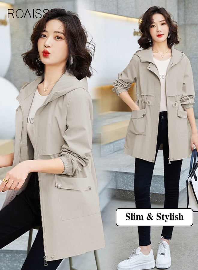 roaiss Women Mountain Hoodie Windbreaker Ladies Hooded Blouson Trench Long Coat Female Lined Slimming Coat Women Zip-In Windproof Lightweight Breathable Coat Adjustable Waist Solid Beige - Image 1