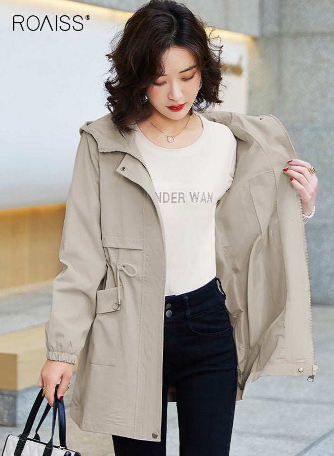 roaiss Women Mountain Hoodie Windbreaker Ladies Hooded Blouson Trench Long Coat Female Lined Slimming Coat Women Zip-In Windproof Lightweight Breathable Coat Adjustable Waist Solid Beige - Image 2