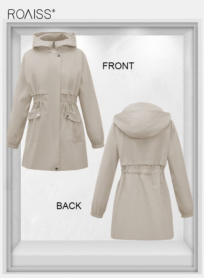 roaiss Women Mountain Hoodie Windbreaker Ladies Hooded Blouson Trench Long Coat Female Lined Slimming Coat Women Zip-In Windproof Lightweight Breathable Coat Adjustable Waist Solid Beige - Image 4