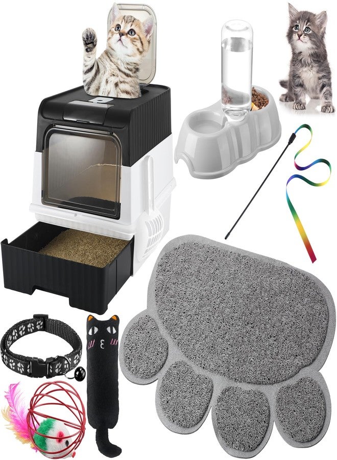 Tioncy 7 Pcs Small Cat Kitten Starter Kit Cat Litter Box with Shovel Paw Litter Mat Double Automatic Bowls Toy Teaser Stick Kitten Collar Essentials Kits for 1-3 Lbs Beginner(Black) - Image 1