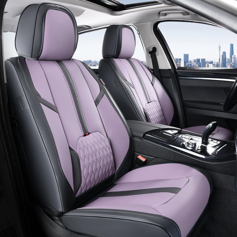 Coverado Front Seat Covers, 2 Pack Waterproof Seat Cover for Cars, Faux Leather Seat Covers with Lumbar Support, Car Seat Protectors Driver Car Seat Cushion Universal Fit for Most Cars (Black&Purple) - Image 1