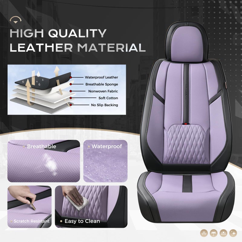 Coverado Front Seat Covers, 2 Pack Waterproof Seat Cover for Cars, Faux Leather Seat Covers with Lumbar Support, Car Seat Protectors Driver Car Seat Cushion Universal Fit for Most Cars (Black&Purple) - Image 2