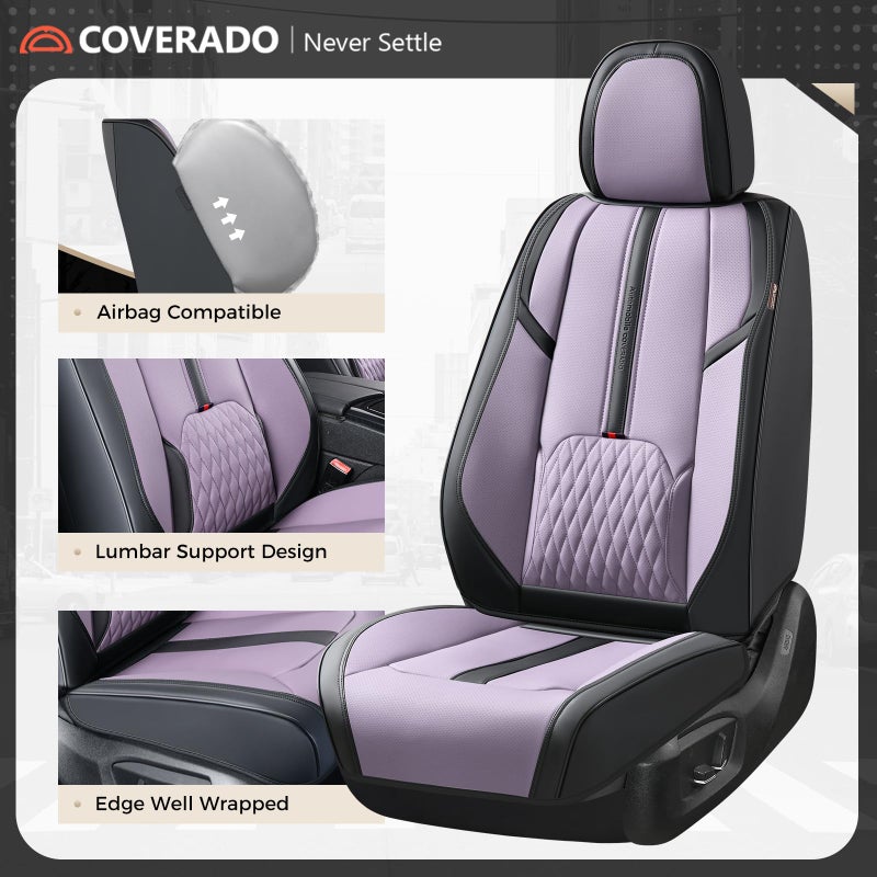 Coverado Front Seat Covers, 2 Pack Waterproof Seat Cover for Cars, Faux Leather Seat Covers with Lumbar Support, Car Seat Protectors Driver Car Seat Cushion Universal Fit for Most Cars (Black&Purple) - Image 3