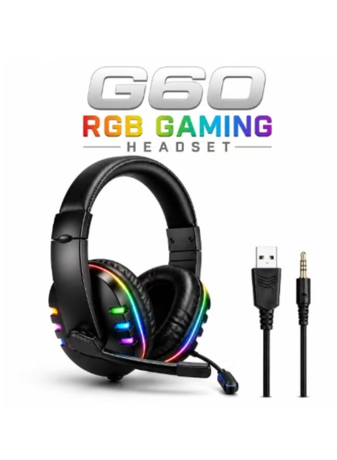 كومك سماعة ألعاب G60 RGB مع ميكروفون، صوت ستيريو، إضاءة LED RGB، ميكروفون مرن، تصميم مريح يغطي الأذن، سماعات ألعاب سلكية USB و3.5 ملم لأجهزة الكمبيوتر الشخصية والمحمولة والألعاب - Image 1