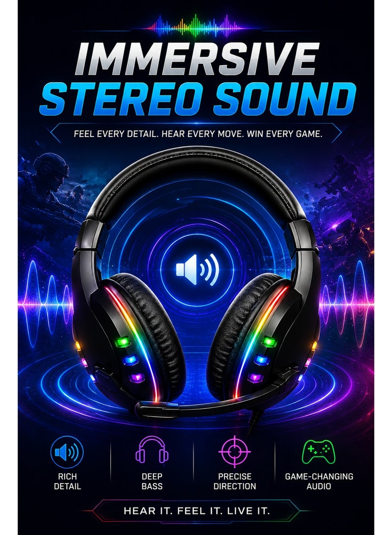 كومك سماعة ألعاب G60 RGB مع ميكروفون، صوت ستيريو، إضاءة LED RGB، ميكروفون مرن، تصميم مريح يغطي الأذن، سماعات ألعاب سلكية USB و3.5 ملم لأجهزة الكمبيوتر الشخصية والمحمولة والألعاب - Image 3