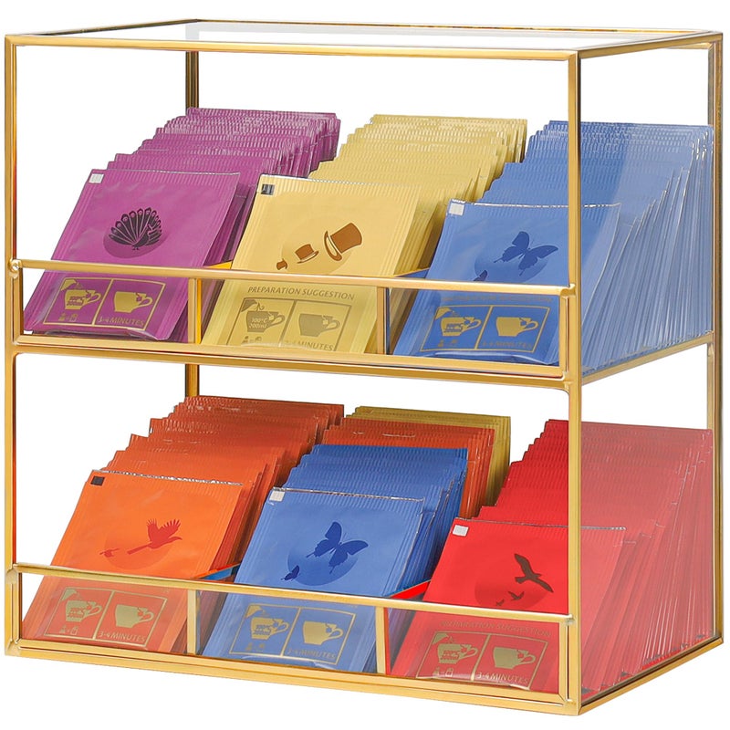 REDHUGO Glass Tea Bag Organizer for Counter 2Tier Teabag Organizer Storage Holder for Tea Bags Glass Caddy Box Containers Rack Teabag Station Stand for Cabinet Kitchen 2Tier Gold