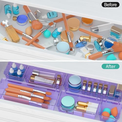 WOWBOX 6 Pack Clear Drawer Organizer Set, Acrylic Drawer Storage Trays, Storage Bins for Makeup, Cosmetics, Jewelries, Utensils, Gadgets, Office, Purple - Image 4