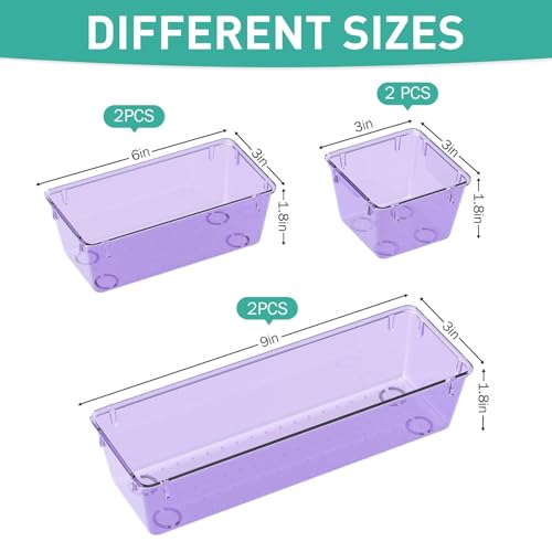 WOWBOX 6 Pack Clear Drawer Organizer Set, Acrylic Drawer Storage Trays, Storage Bins for Makeup, Cosmetics, Jewelries, Utensils, Gadgets, Office, Purple - Image 2