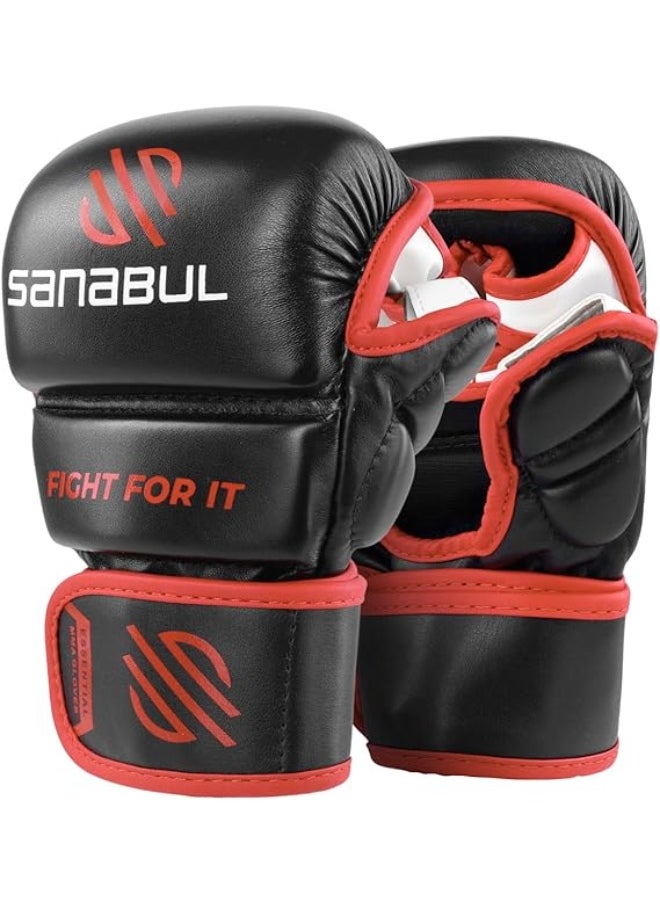 Sanabul  Essential MMA Gloves – 7 oz Black/Red (Small/Medium) | Hybrid Sparring & Training Gloves for Men & Women | Kickboxing & Grappling Martial Arts Gloves  - Image 1