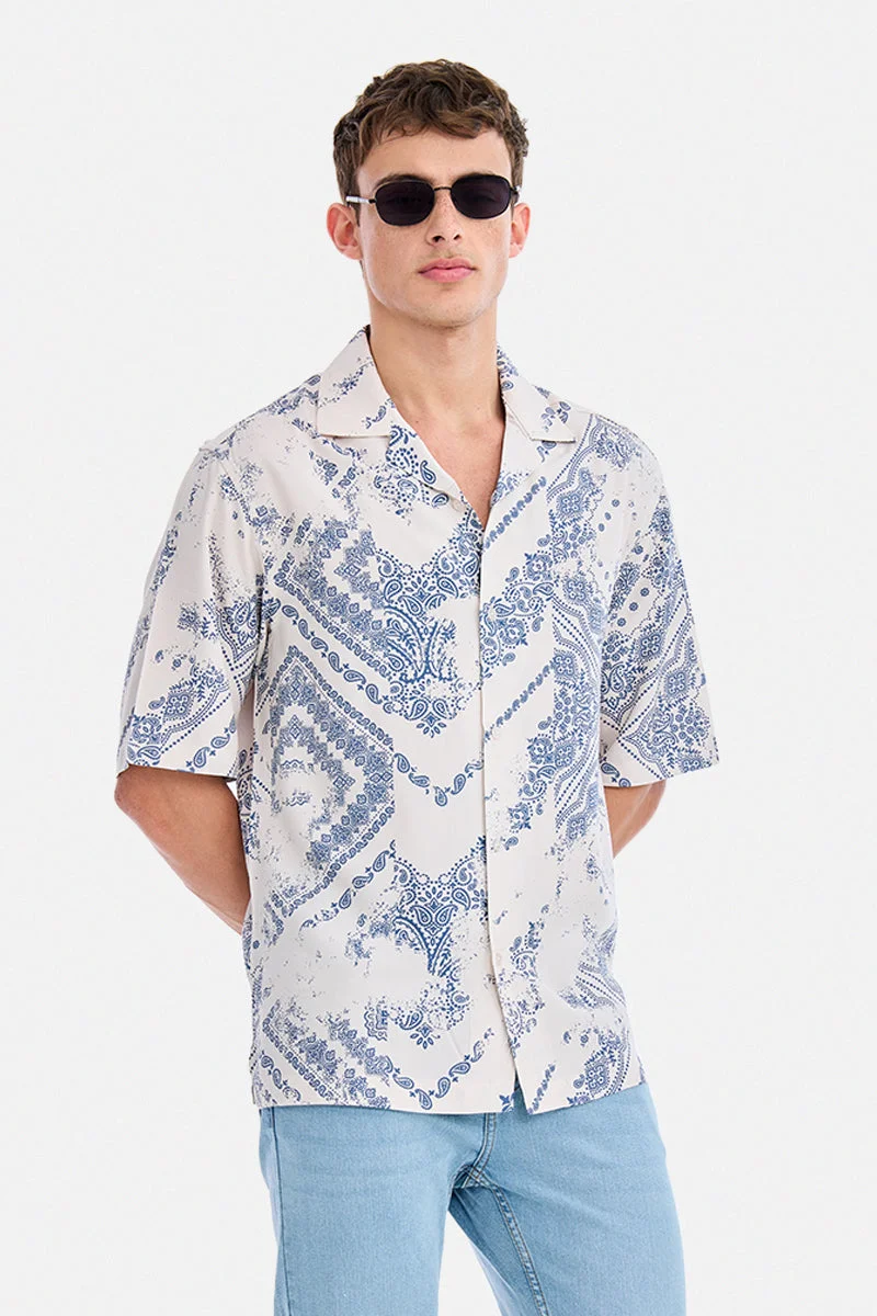 Off White Paisley Half Sleeve Oversized Vacation Shirt