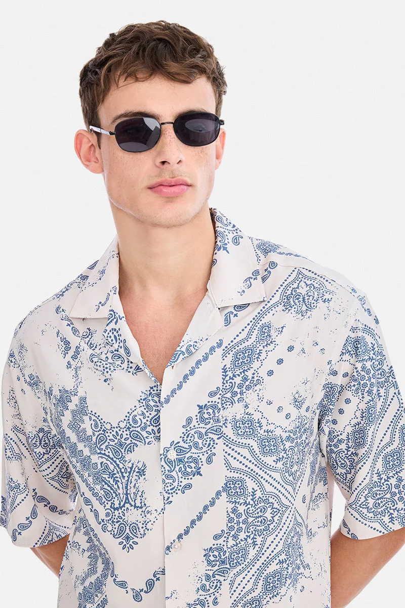 SNITCH Off White Paisley Half Sleeve Oversized Vacation Shirt
