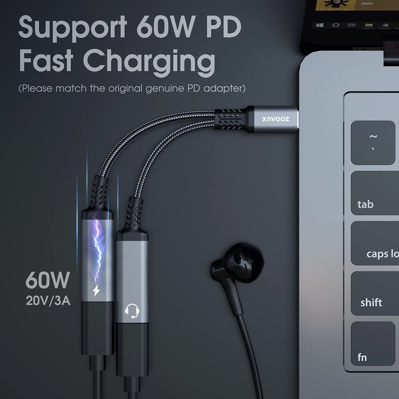 ZOOAUX محول زواوكس USB C، محول سماعات رأس وشاحن مزدوج USB C، كابل دنجلي صوتي 2 في 1 من نوع C مع دعم الشحن السريع PD 60W لمكالمة الموسيقى لجهاز Pixel 4 3 XL، Galaxy S23 S22 S21 S20، Xperia - Image 3
