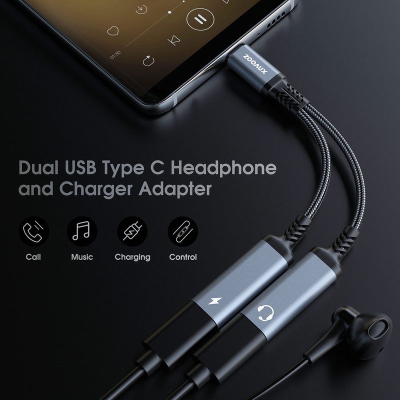 ZOOAUX محول زواوكس USB C، محول سماعات رأس وشاحن مزدوج USB C، كابل دنجلي صوتي 2 في 1 من نوع C مع دعم الشحن السريع PD 60W لمكالمة الموسيقى لجهاز Pixel 4 3 XL، Galaxy S23 S22 S21 S20، Xperia - Image 2