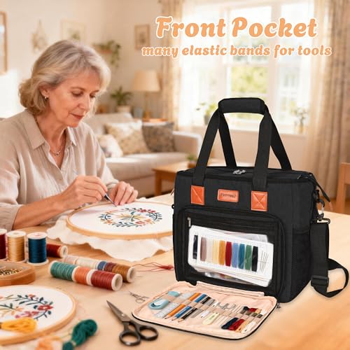 CROTIRAD Embroidery Bag Organizer for Cross Stitch Kits Cross Stitch Bag for Embroidery Kit books hoops Embroidery Project Bag with Shoulder Strap Black - Image 3