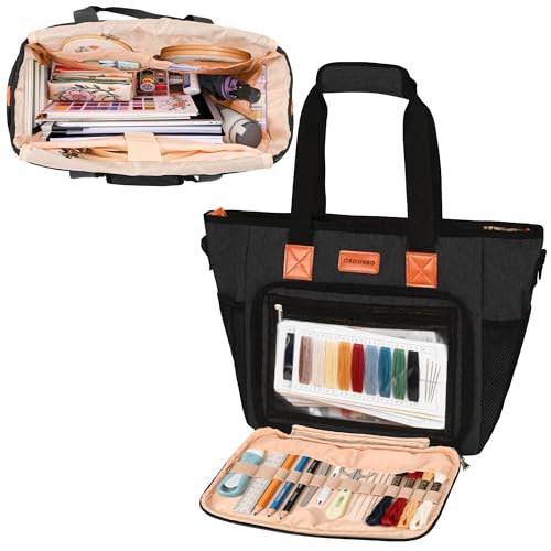 CROTIRAD Embroidery Bag Organizer for Cross Stitch Kits Cross Stitch Bag for Embroidery Kit books hoops Embroidery Project Bag with Shoulder Strap Black - Image 1