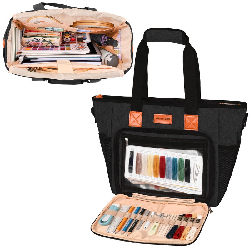 CROTIRAD Embroidery Bag Organizer for Cross Stitch Kits Cross Stitch Bag for Embroidery Kit books hoops Embroidery Project Bag with Shoulder Strap Black - Image 2