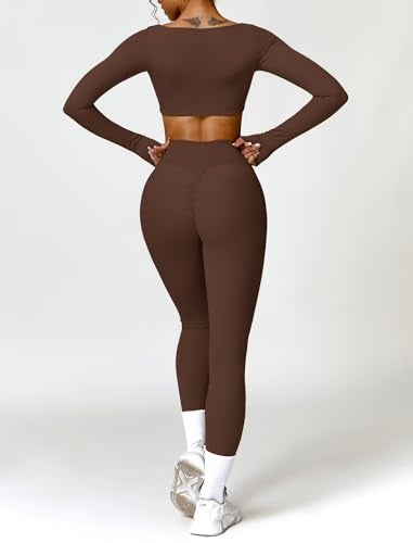 ABOCIW Workout Sets for Women 2 Piece Square Neck Long Sleeve Workout Crop Top Scrunch Butt Lifting High Waist Leggings Gym Yoga Outfits ZBrown Large - Image 3