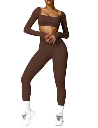ABOCIW Workout Sets for Women 2 Piece Square Neck Long Sleeve Workout Crop Top Scrunch Butt Lifting High Waist Leggings Gym Yoga Outfits ZBrown Large - Image 1