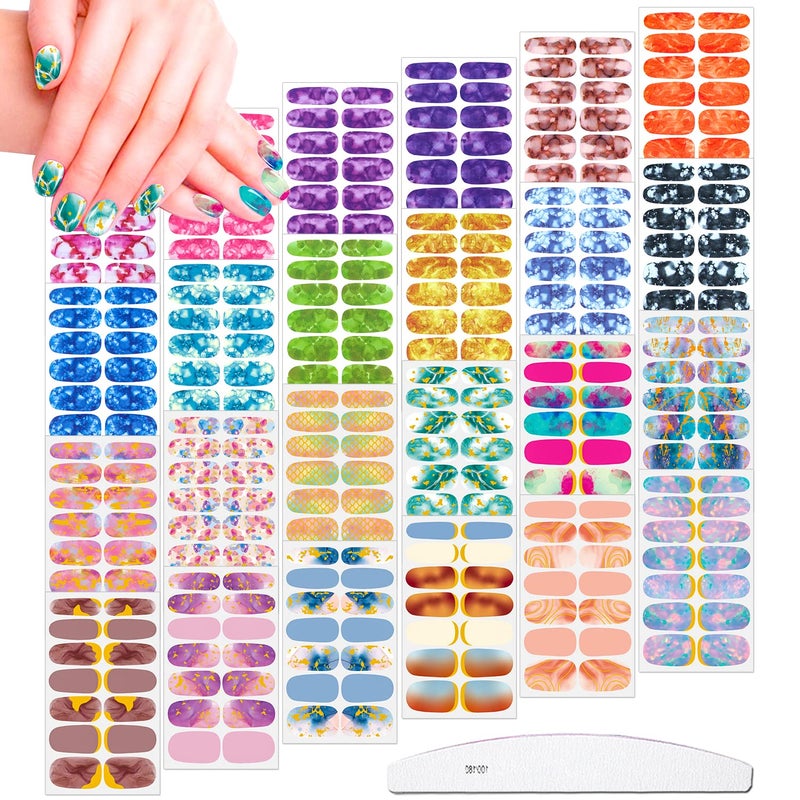 JERCLITY 336 Pieces 24 Sheets Womens Full Wrap Marble Nail Polish Strips Stickers SelfAdhesive Solid Color Gel Nail Strips Decals with Nail File for Women Girls Nail Decorations Fresh Style